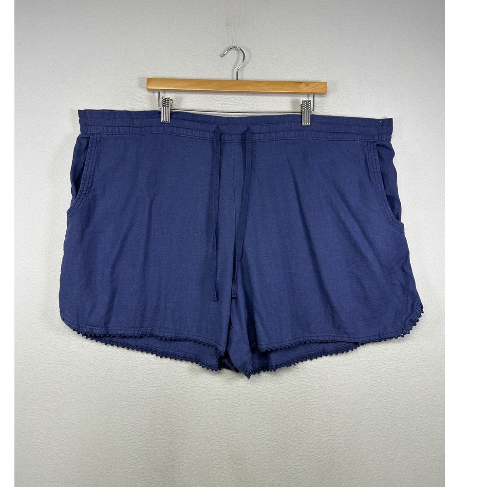 Coastal Terra & Sky Women 3X Blue Linen Blend Crochet Trim Drawstring Shorts